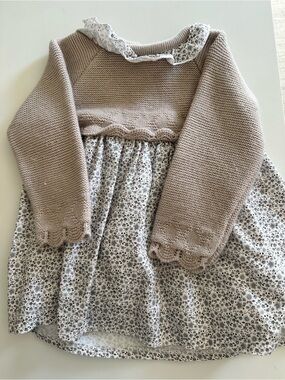 Girls Taupe Knit Top Dress with Cream Floral Skirt